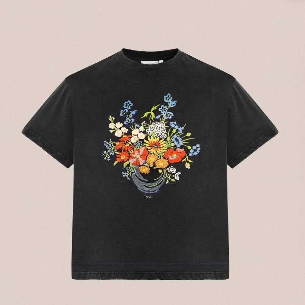 FOUND Bouquet Flowers Tee VTG black embroidered oversized Y2K Cottagecore NWT XS